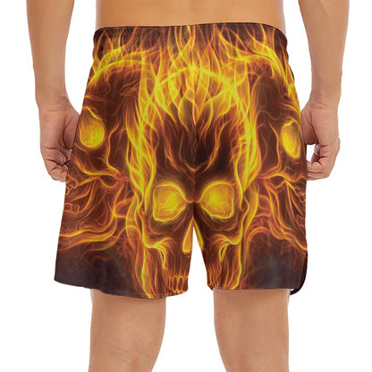Three Flaming Skull Print Men's Split Running Shorts