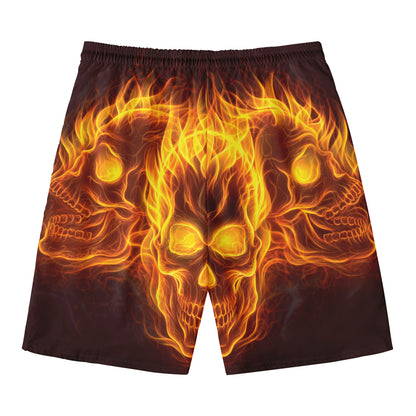 Three Flaming Skull Print Men's Swim Trunks