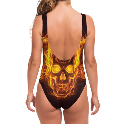 Three Flaming Skull Print One Piece Swimsuit