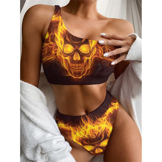 Three Flaming Skull Print One Shoulder Bikini Top
