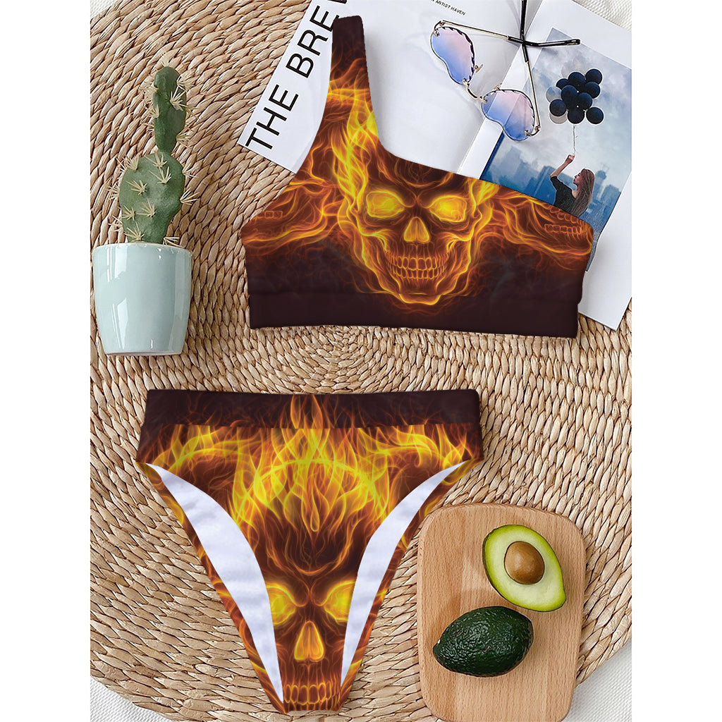 Three Flaming Skull Print One Shoulder Bikini Top