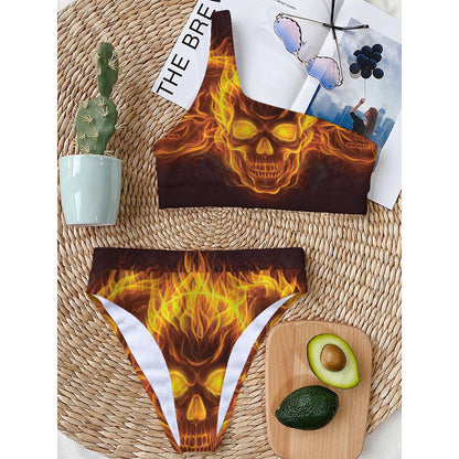 Three Flaming Skull Print One Shoulder Bikini Top