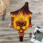 Three Flaming Skull Print One Shoulder Bodysuit