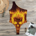 Three Flaming Skull Print One Shoulder Bodysuit