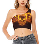 Three Flaming Skull Print One Shoulder Crop Top