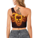 Three Flaming Skull Print One Shoulder Crop Top
