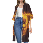 Three Flaming Skull Print Open Front Beach Cover Up