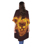 Three Flaming Skull Print Open Front Beach Cover Up