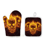Three Flaming Skull Print Oven Mitt And Pot Holder Set