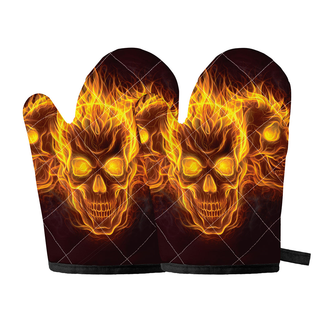 Three Flaming Skull Print Oven Mitts