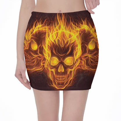 Three Flaming Skull Print Pencil Mini Skirt