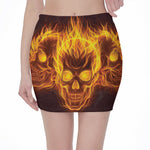 Three Flaming Skull Print Pencil Mini Skirt