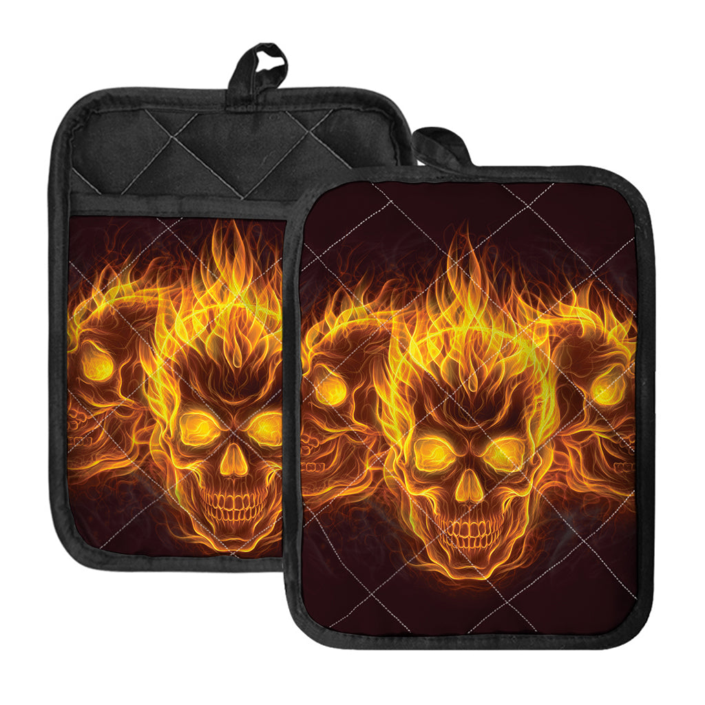 Three Flaming Skull Print Pot Holders With Pocket