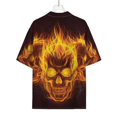 Three Flaming Skull Print Rayon Hawaiian Shirt