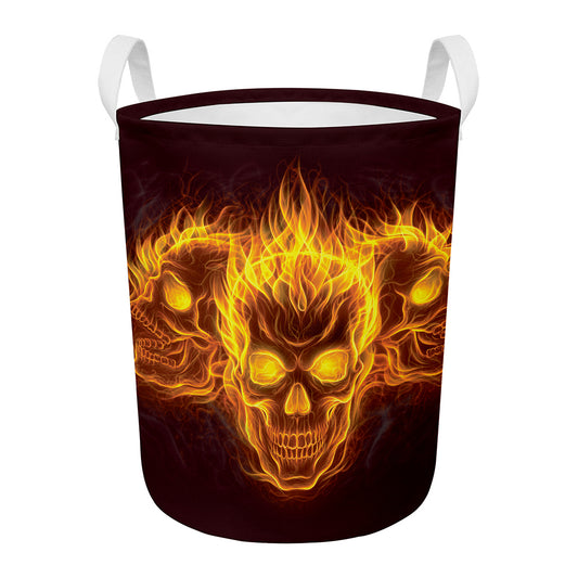 Three Flaming Skull Print Round Laundry Basket
