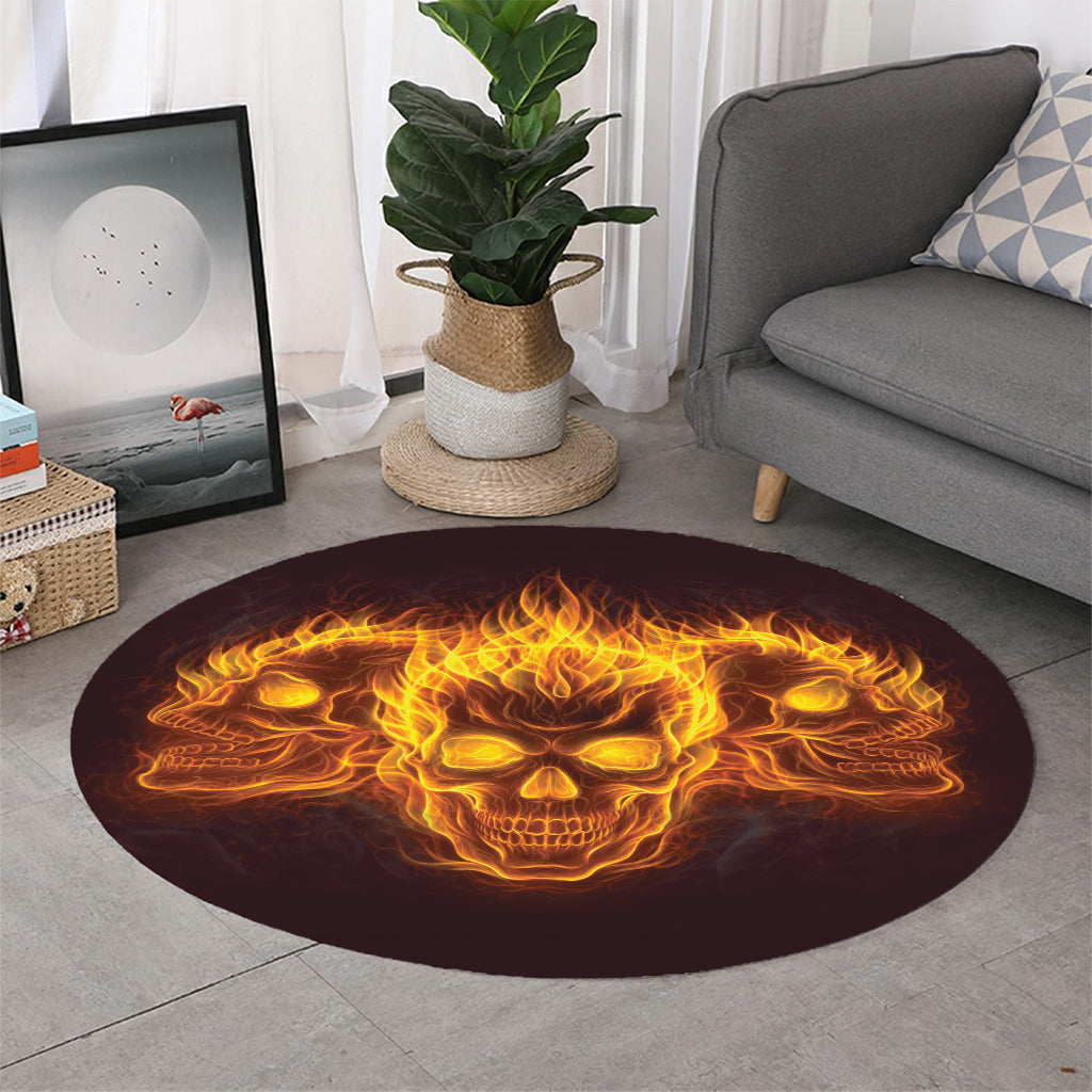 Three Flaming Skull Print Round Rug