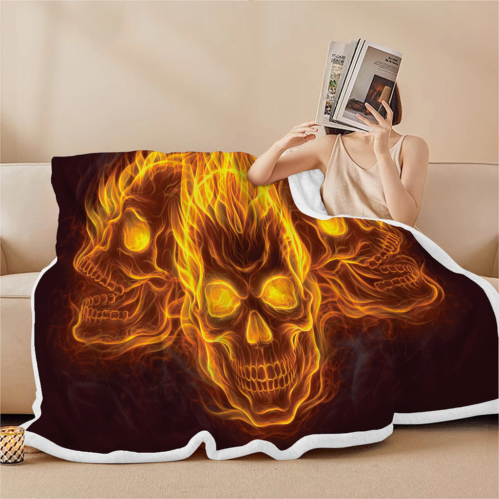 Three Flaming Skull Print Sherpa Blanket