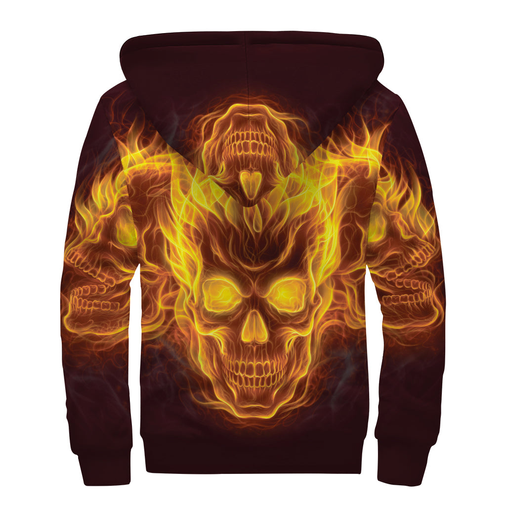 Three Flaming Skull Print Sherpa Lined Zip Up Hoodie