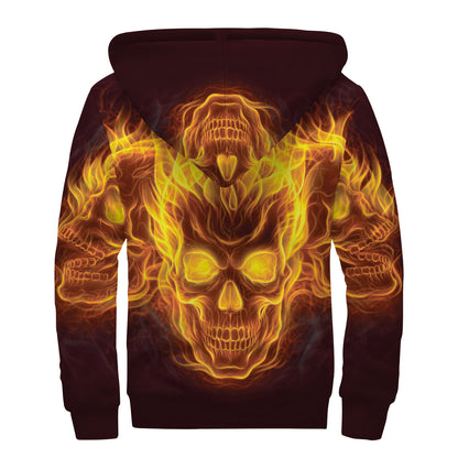 Three Flaming Skull Print Sherpa Lined Zip Up Hoodie