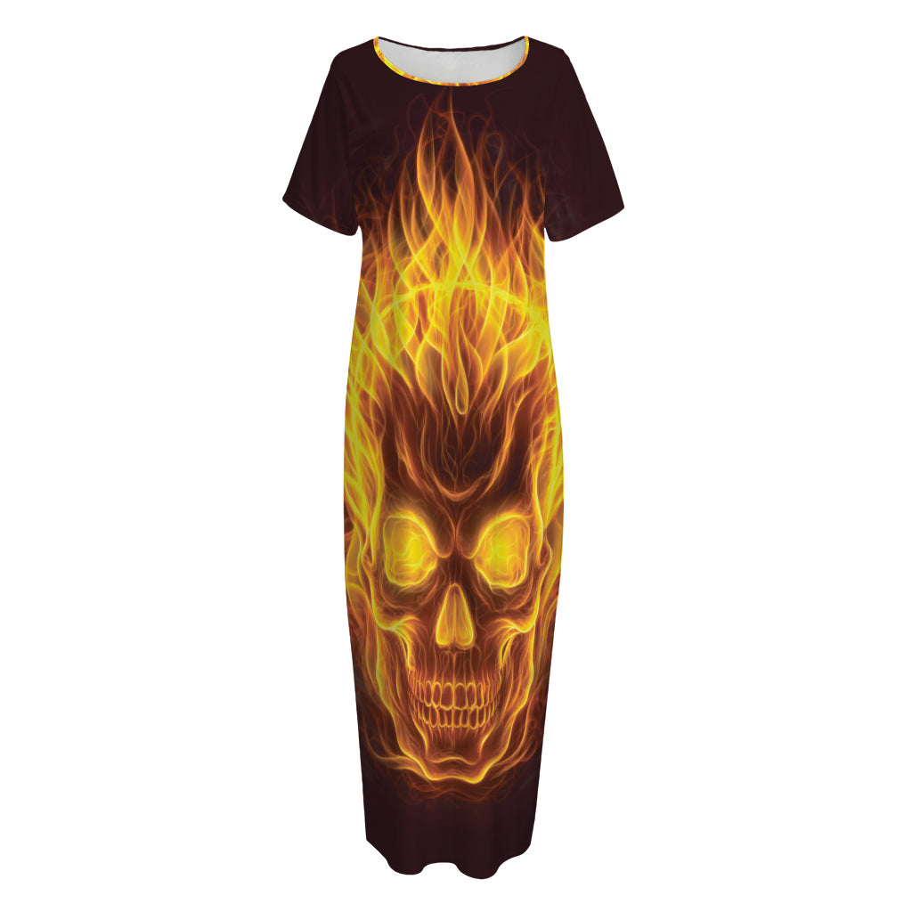 Three Flaming Skull Print Short Sleeve Long Nightdress