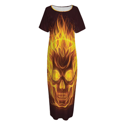 Three Flaming Skull Print Short Sleeve Long Nightdress