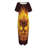 Three Flaming Skull Print Short Sleeve Long Nightdress
