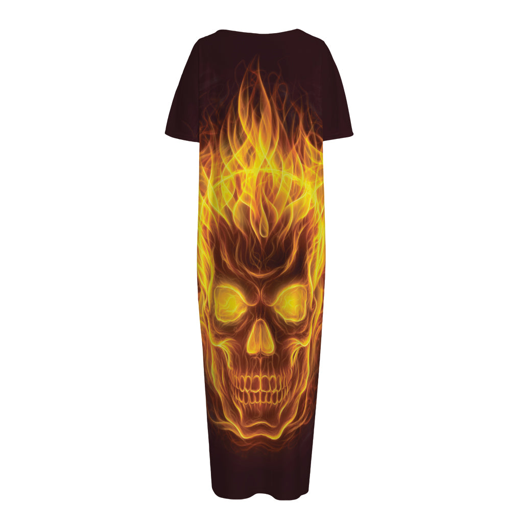 Three Flaming Skull Print Short Sleeve Long Nightdress