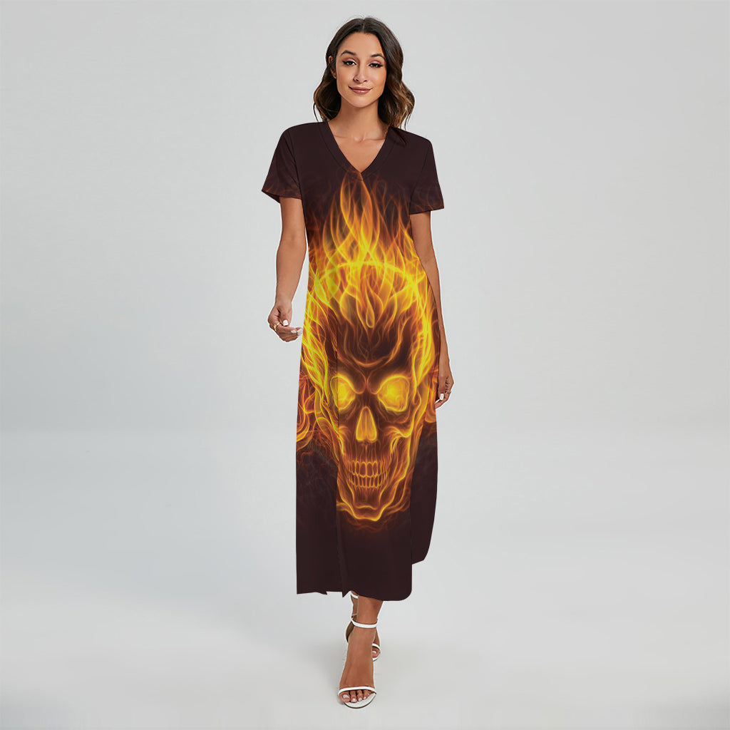 Three Flaming Skull Print Short Sleeve Maxi Dress