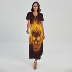 Three Flaming Skull Print Short Sleeve Maxi Dress
