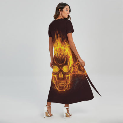 Three Flaming Skull Print Short Sleeve Maxi Dress