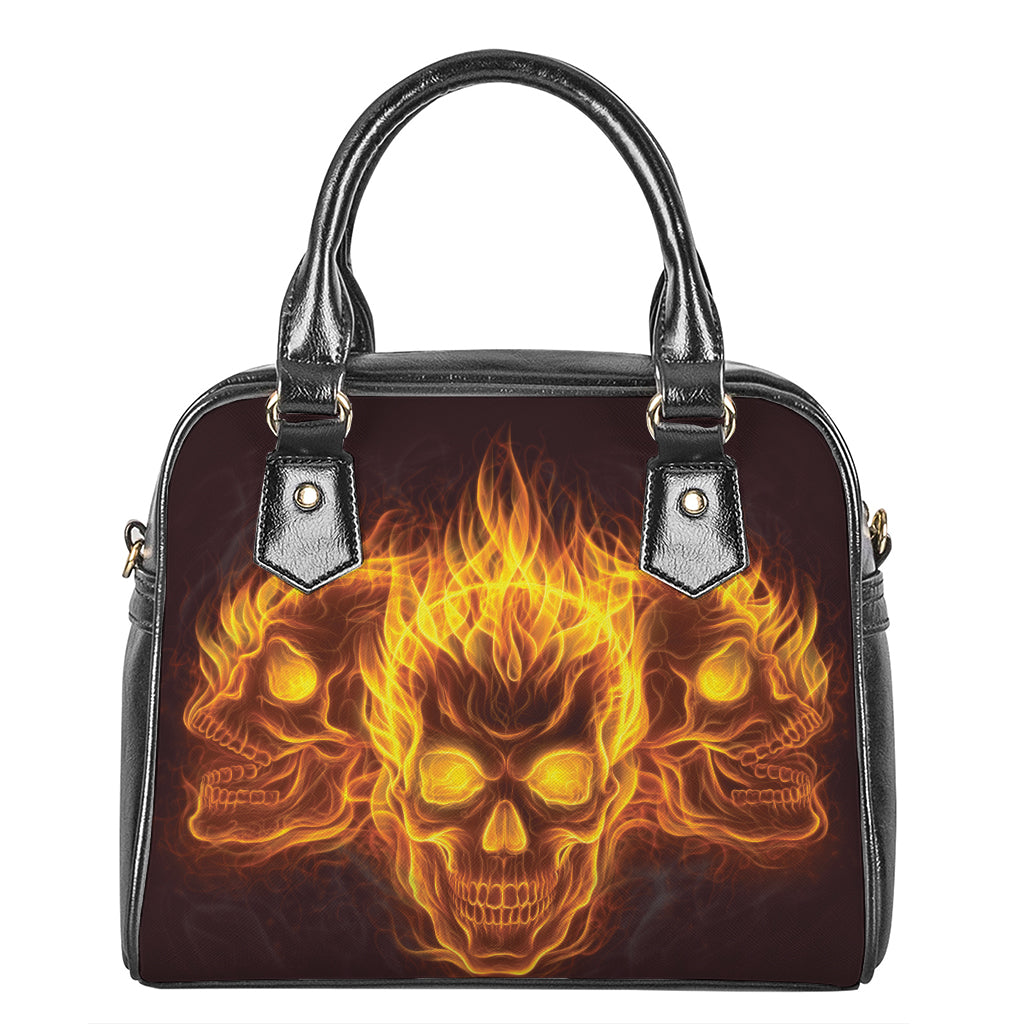 Three Flaming Skull Print Shoulder Handbag