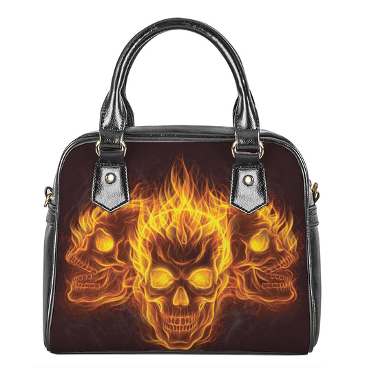 Three Flaming Skull Print Shoulder Handbag