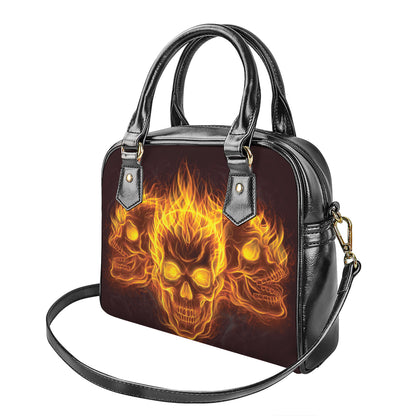 Three Flaming Skull Print Shoulder Handbag