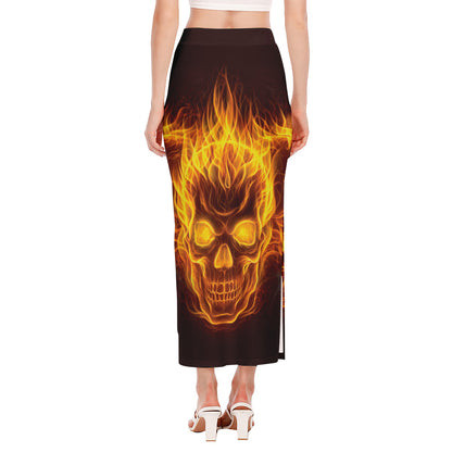 Three Flaming Skull Print Side Slit Maxi Skirt
