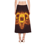 Three Flaming Skull Print Side Slit Midi Skirt