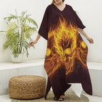 Three Flaming Skull Print Silk V-Neck Kaftan Dress