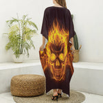 Three Flaming Skull Print Silk V-Neck Kaftan Dress