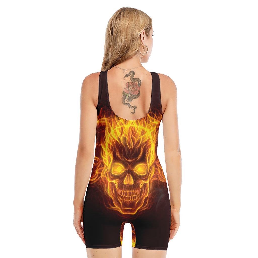 Three Flaming Skull Print Sleeveless One Piece Swimsuit