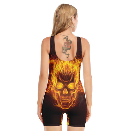 Three Flaming Skull Print Sleeveless One Piece Swimsuit