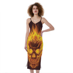 Three Flaming Skull Print Slim Fit Midi Cami Dress