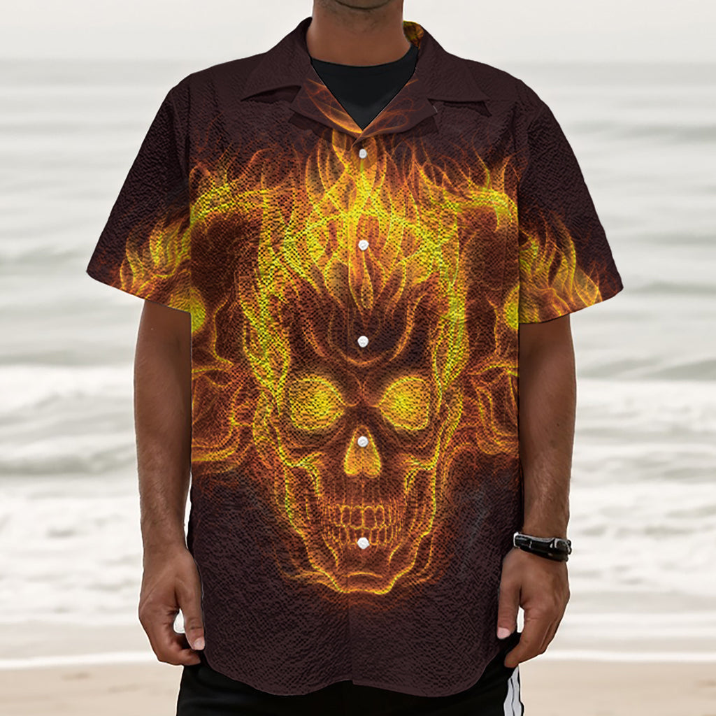 Three Flaming Skull Print Textured Short Sleeve Shirt