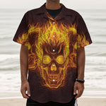 Three Flaming Skull Print Textured Short Sleeve Shirt