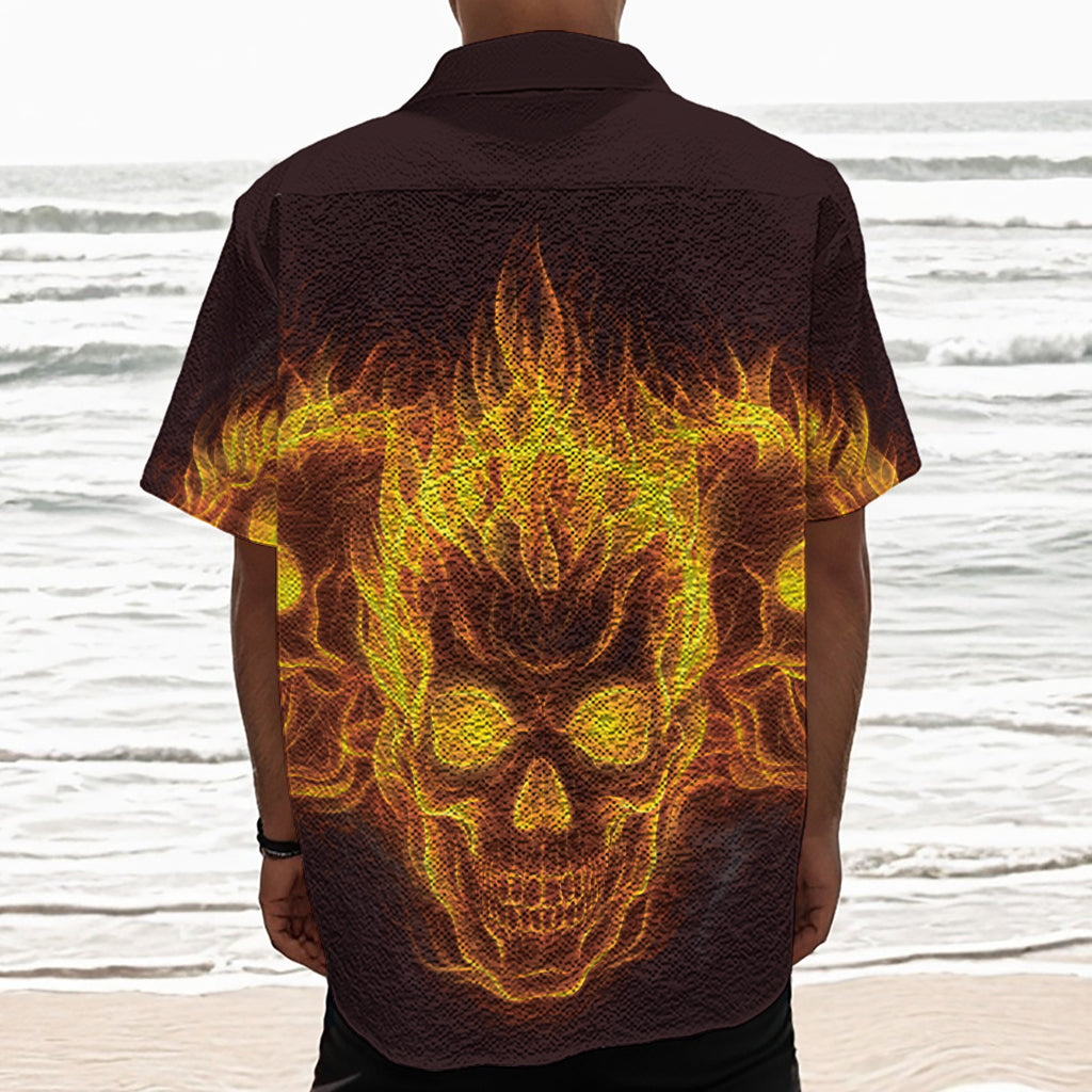 Three Flaming Skull Print Textured Short Sleeve Shirt
