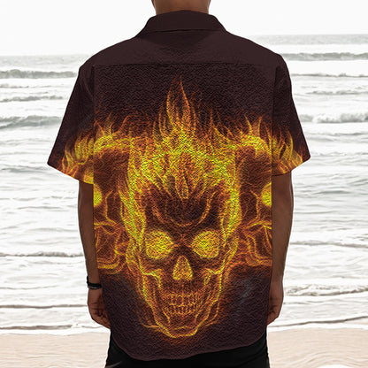 Three Flaming Skull Print Textured Short Sleeve Shirt