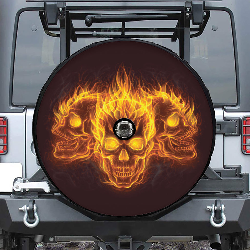 Three Flaming Skull Print Tire Cover With Camera Hole
