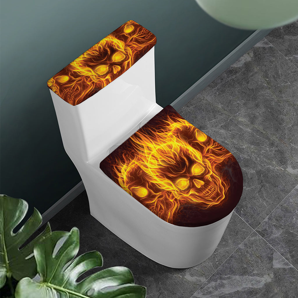 Three Flaming Skull Print Toilet Lid And Tank Cover Set