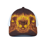 Three Flaming Skull Print White Mesh Trucker Cap