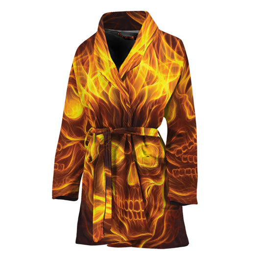 Three Flaming Skull Print Women's Bathrobe