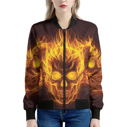 Three Flaming Skull Print Women's Bomber Jacket