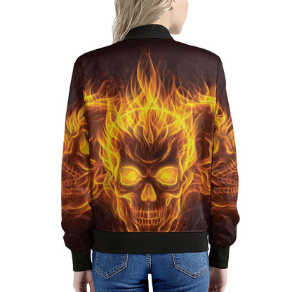 Three Flaming Skull Print Women's Bomber Jacket